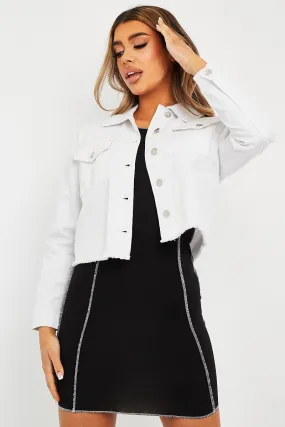 White Frayed Hem Cropped Denim Jacket - Caryn