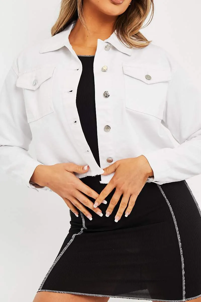 White Frayed Hem Cropped Denim Jacket - Caryn