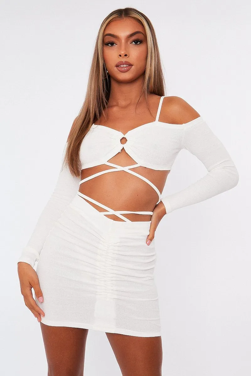 White Off the Shoulder Long sleeve Crop Top and Ruched Mini Skirt Set - Anthi