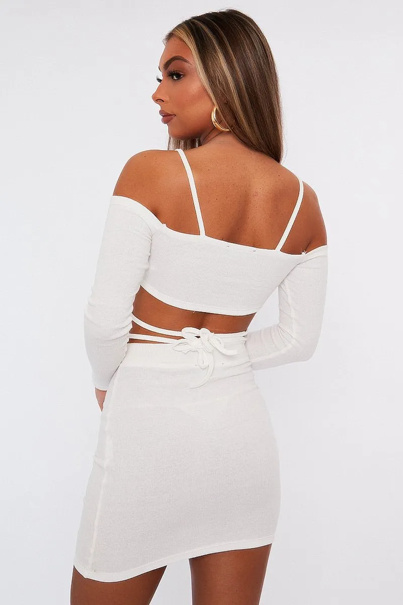 White Off the Shoulder Long sleeve Crop Top and Ruched Mini Skirt Set - Anthi