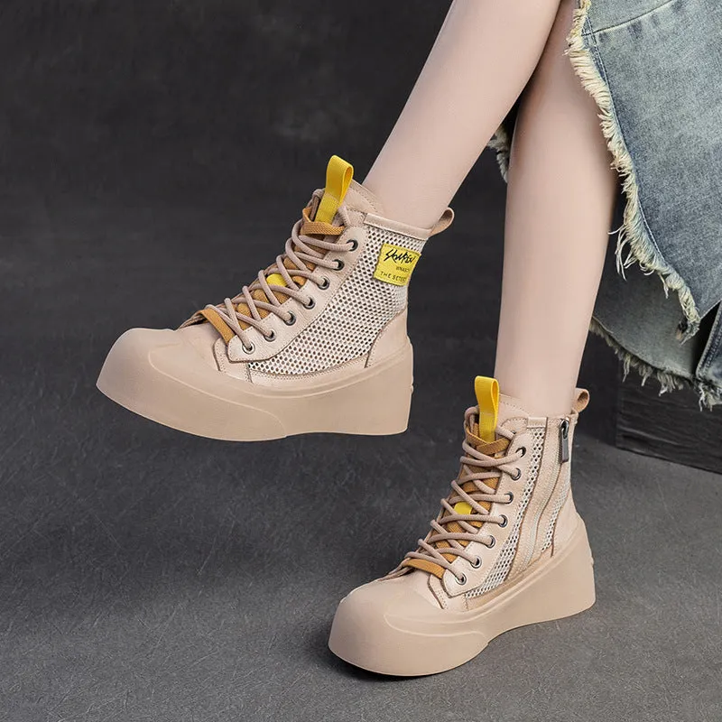 Women Breathable Mesh Leather Casual Platform Boots