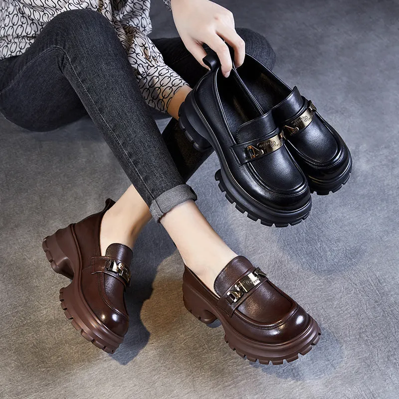 Women Leather Chain Casual Chunky Platform Loafers