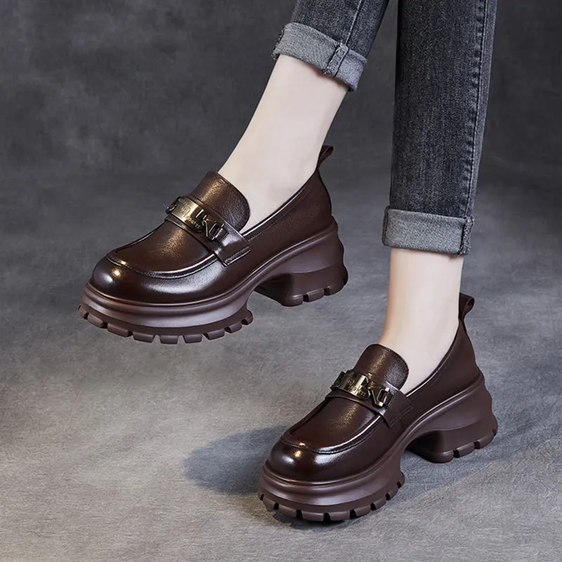 Women Leather Chain Casual Chunky Platform Loafers