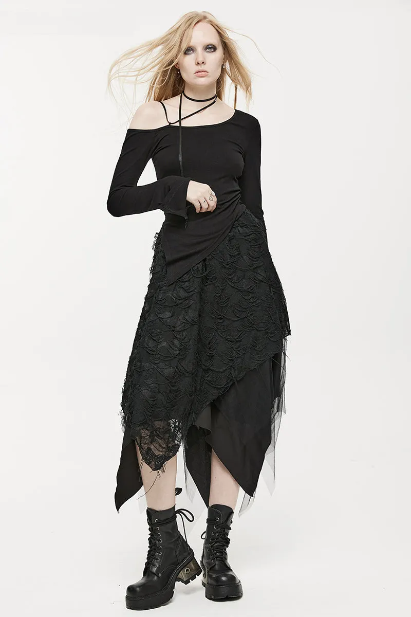 Women's Style Dry Butterfly Asymmetrical Half Fashion Mesh Burnt and Tattered Black Skirt